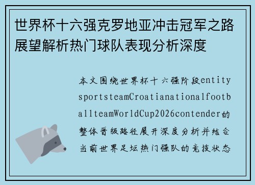 世界杯十六强克罗地亚冲击冠军之路展望解析热门球队表现分析深度