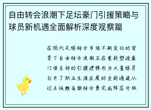 自由转会浪潮下足坛豪门引援策略与球员新机遇全面解析深度观察篇